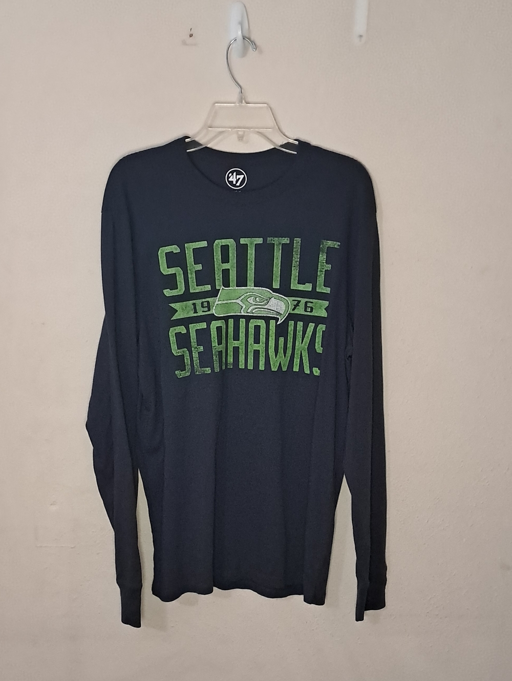 47 Men's Size Large Seattle Seahawks Navy Long Sleeve Shirt with Green Logo